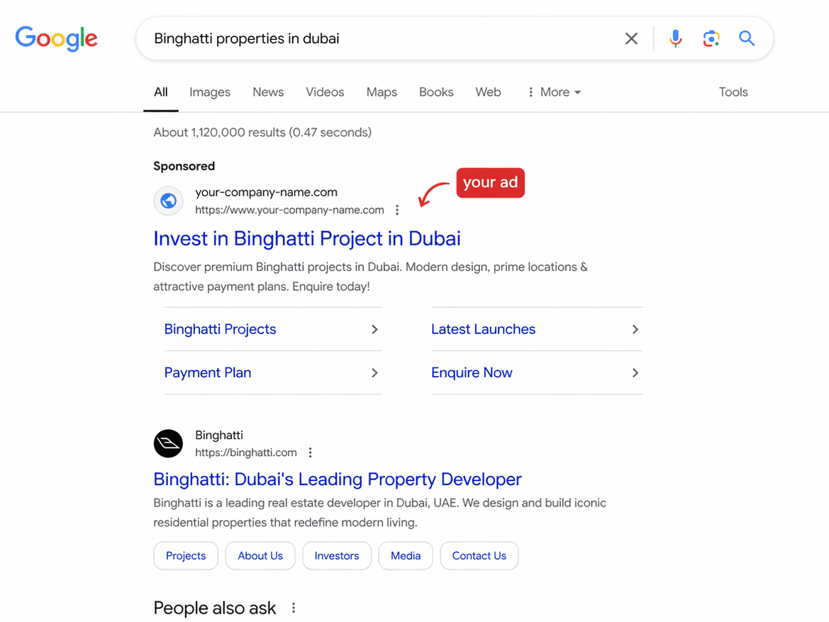 Google desktop search results for Binghatti properties in Dubai, showing a sponsored ad in the top position highlighted with a red 'your ad' callout above the developer's own organic listing